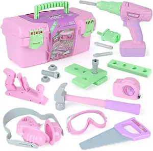 Conjunto de ferramentas rosa de brinquedo, kit de brinquedos para bebês, crianças, ferramenta de workshop para construção, brinquedo com caixa