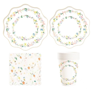 DAMAI - Juego de Platos y Servilletas de Papel para Fiestas Florales, Incluye Platos y Vasos de Papel Desechables con Lazo, Artículos para Fiestas de Cumpleaños - Product Image 2