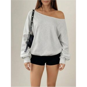 Sudadera Oversize Personalizada para Mujer con Hombros Descubiertos, Manga Larga, Cuello Asimétrico, Estilo Holgado, Mezcla de Algodón Tejido Transpirable - Product Image 3