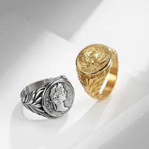 定制标志Hiphop朋克风格时尚珠宝复古罗马朱利叶斯凯撒人物印印钛不锈钢男士戒指