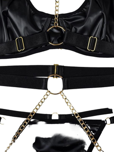 ชุดชั้นในผู้หญิง 3 ชิ้น คุณภาพสูง ทำจากหนัง PU สไตล์เทคโน พร้อมดีไซน์เว้าแหว่งและโซ่ร้อย  ขายส่ง - Product Image 2