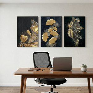 Ensemble de 3 tableaux muraux en toile à feuilles d'or, peinture botanique abstraite moderne noir et or, décoration de luxe pour salon - Product Image 4