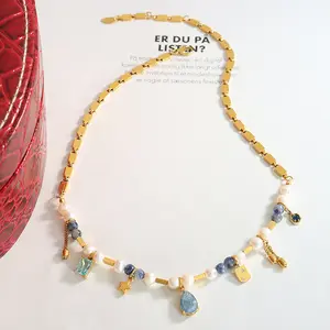 natural stone freshwater pearl titanium steel pendant necklace stitching heavy industry to create copper material chain
