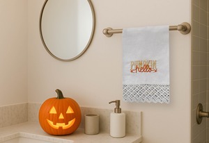Toalla de mano de lino Hello Pumpkin, toalla de mano de lino y algodón absorbente para Halloween y otoño, decoración para cocina y baño - Product Image 2