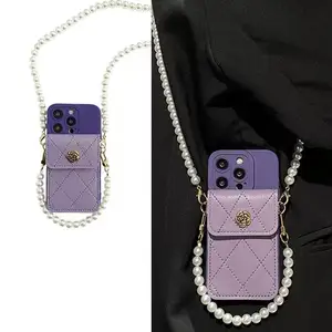 Camellia Diamond lattice card bag for iphone14 phone case 13iphone12/11 Crossbody xsmax bracelet Pearl