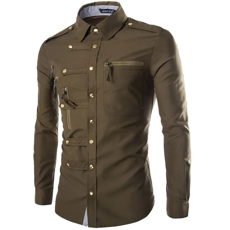 Hot sell Men'S formal Shirt Double Breasted slim fit army green shirt for work