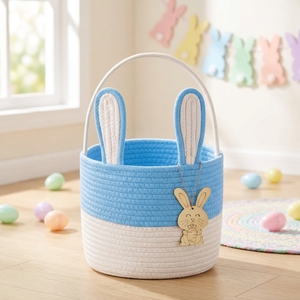 Cesta de Pascua para Niños con Etiqueta de Nombre, Cesta de Pascua Gris para Niños, Cesta de Conejito de Pascua, Cesta de Regalo de Pascua de Cuerda de Algodón Tejida - Product Image 5