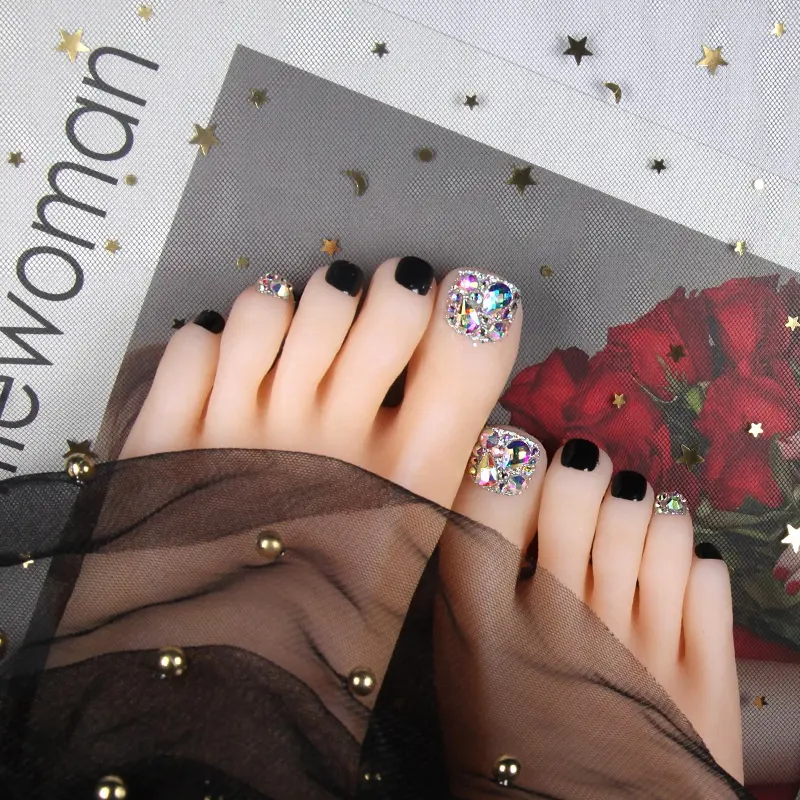 Melason Alta Qualidade Pré-Cola Glitter Unhas Postiças Flower Design Pressione nas unhas Unhas Toe Nails Com 2g Cola