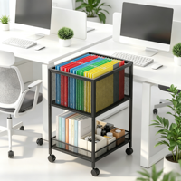 Chariot de rangement de bureau à roulettes silencieuses, robuste, à deux niveaux, en maille, pour dossiers suspendus format lettre