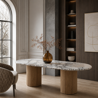 Table à manger haut de gamme moderne en marbre naturel avec piétement en chêne blanc, 6 places, mobilier de luxe pour hôtel et appartement