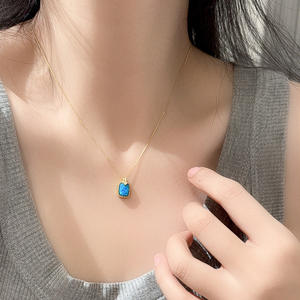 925 Sterling Silver Gold Plated Rectangle Blue Opal Bezel Set Pendant Necklace Dainty Milgrain <b>Edge</b> Vintage Jewelry For Women - Product Image 3