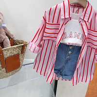 Ensemble Vêtements d'Été Filles Tendance Chemise à Rayures Rouges Short Vêtements pour Enfants en Gros Tenues Bébé Fille