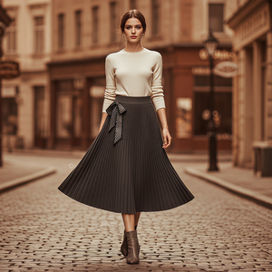 <span class=keywords><strong>Jupe</strong></span> <span class=keywords><strong>midi</strong></span> plissée épaisse et chaude en maille pour femme, taille haute, coupe évasée, en tricot doux et extensible pour l'automne et l'<span class=keywords><strong>hiver</strong></span> - Product Image 2