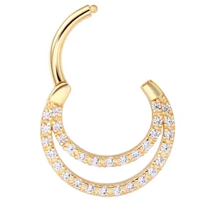 Eternal Metal 14K Solid Gold Hinged Segment Clicker 5A Clear Zircon Piercing Jewelry