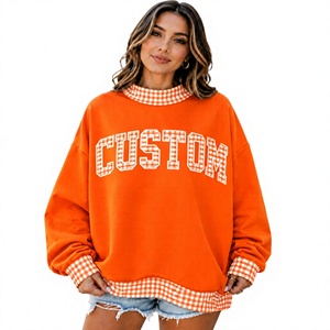 Sweat-shirt décontracté d'hiver pour femme à col montant avec bordure personnalisée en gingham et lettres, respirant, épaules tombantes, service OEM - Product Image 1