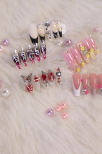 HY Tiktok Wholesale Custom Press on Nails Ballerina Medium Coffin Heart Pearl French Tip Nails Manicure Abs <b>Stick</b> on Nails - Product Image 2