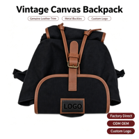 Sac à dos scolaire vintage en toile noire avec fermeture éclair, durable, style rétro, garniture marron, grand format, multi-compartiments