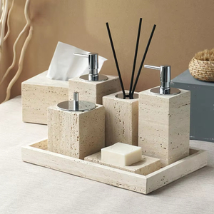 STONEKOCC Juego de <span class=keywords><strong>Baño</strong></span> de Travertino Moderno y Ecológico de Ocho Piezas Personalizado para Decoración y Almacenamiento en Baños Domésticos, en Stock - Product Image 1