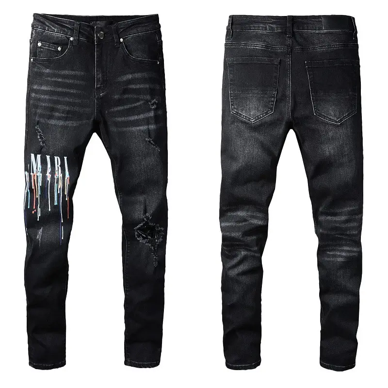 2021 Mannen Zwart Slim Fit Ripped Patchwork Gedrukt Skinny Ripped Jeans