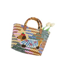 Sac de plage tissé en PP à rayures vintage motif Teckel avec surpiqûres contrastées