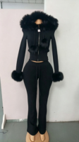 Ensemble 2 pièces pour femme : sweat à capuche et pantalon de survêtement en coton 360g avec col en fourrure, survêtement d'hiver personnalisé avec logo en strass, idéal pour les grandes tailles