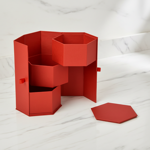 <b>Red</b> Hexagonal Multi Layer Gift <b>Box</b> With Ribbon Handle For Skincare Cosmetic Storage - Product Image 1