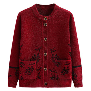 Flauschiger Jacquard-Strick Herbst- und Winter-Freizeitpullover mit Langen Ärmeln für Ältere Damen Tägliche Kleidung mit Taschen Warmer Pullover für Frauen - Product Image 3