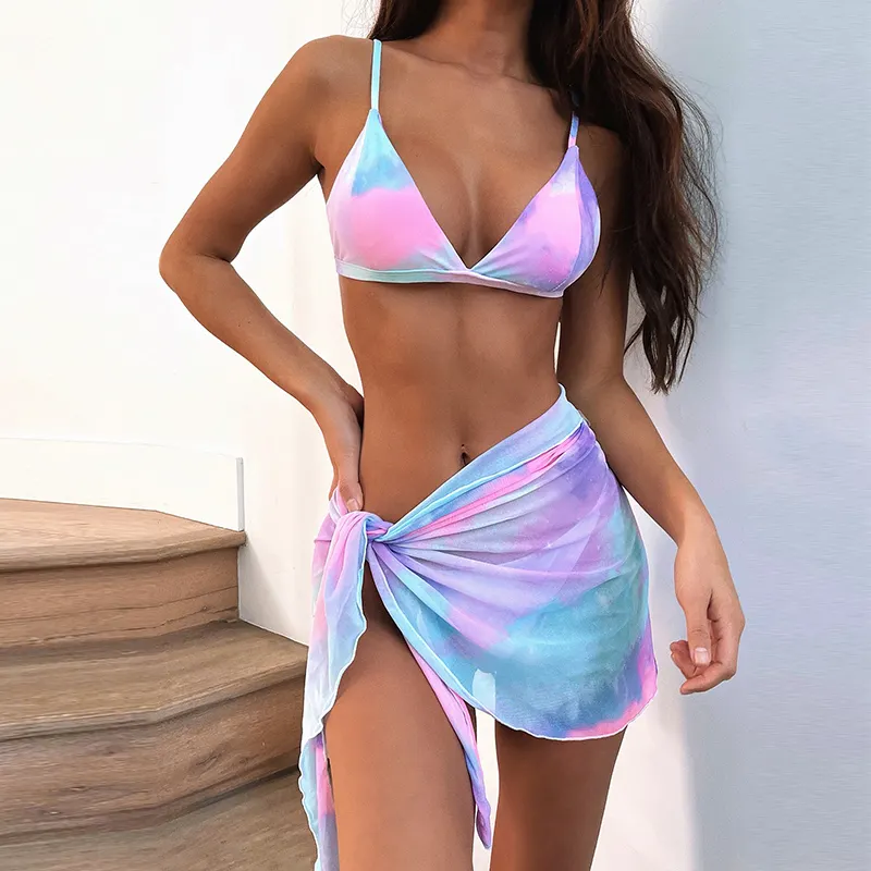 Pabrik Kustom Dasi Celup Seksi 3 Potong Mini Micro Bikini Set Pantai Pakaian Renang Penutup Segitiga Wanita Pakaian Renang Thong