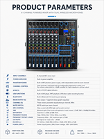 Console de mixage audio professionnelle 8 canaux amplifiée avec 99 DSP, Bluetooth, enregistrement USB et alimentation fantôme 48V pour scène, mariage et système de sonorisation