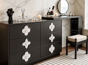 Premium Quatrefoil Inlay 6-Drawer Dresser Detachable <b>Vanity</b> Desk Set With <b>Mirror</b> & Bobbin Stool For Bedroom - Product Image 5
