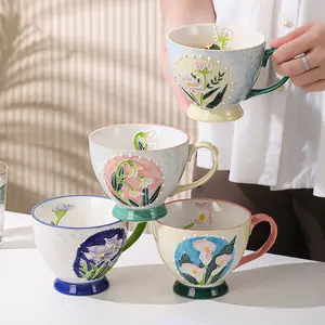 OEM/ODM Creative Hand Painted Ceramic Coffee Mugs Custom Logo Flower Embossed Ceramic Milk Cup Breakfast Mugs Oat mug Wholesale