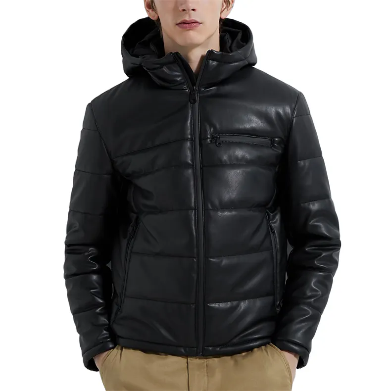Winter black puffer down leather bubble jacket with hooded