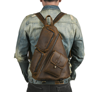 Crazy Horse Leather Chest Bag Dark <b>Brown</b> Large Capacity Multiple Pockets Men's <b>Backpack</b> Leisure Travel - Product Image 1