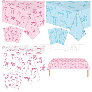 Bow <b>Pattern</b> Disposable Tablecloth Pink For Birthday Party Decoration Kids Girl Event Plastic <b>Paper</b> Cover - Product Image 5