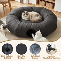 Lit tunnel 2-en-1 pour chats d'intérieur, type donut, avec tapis et jouet boule en peluche, en lin anti-griffures