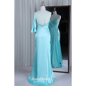Une épaule Satin Broderie De Luxe Cristal Turquoise Bleu Aline Moderne Dos Nu Robe De Soirée Col Haut Arabe Longueur Au Sol - Product Image 3