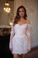 Robe de mariée courte en dentelle, style corset basque, avec applications, manches longues, pour après la fête, Ruolai HL687