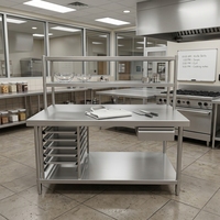 Table de travail professionnelle en acier inoxydable robuste avec étagère inférieure et pare-éclaboussures, capacité de charge de 300 kg/m, revêtement autonettoyant pour cuisines