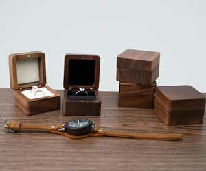 EleQueen Retro Solid Walnut Wood Engraved Magnetic Closure Velvet Lining Mini Square Jewelry <b>Gift</b> <b>Box</b> for Wedding - Product Image 1