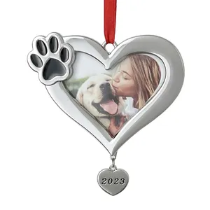 Custom Silver Heart-Shaped Dog Paw Christmas Tree Photo Frame Ornaments Factory-Priced Hanging Decoration with Printed Graphics