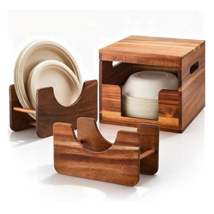 Wooden Cutlery Storage Box With Handle Paper <b>Plate</b> Bowl Dispenser <b>Rack</b> Standing Type Dust Proof Outdoor Picnic Use - Product Image 5