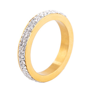 yunniqueFashion <b>Rings</b> <b>Titanium</b> Steel Gold Plated Double Row Full Diamond Pave Setting Engagement Unisex Jewelry - Product Image 5