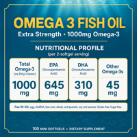 Huile de poisson Oméga-3 1000mg Gélules molles EPA 645mg DHA 310mg Mini Gélules molles Complément alimentaire 100 unités OEM ODM Marque privée