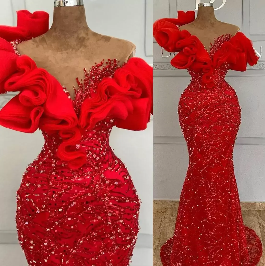 Plus Size Arabic Sheer Neck Evening Formal Party Reception Birthday Engagement Gown Red Mermaid Sparkly Prom Dresses MP114