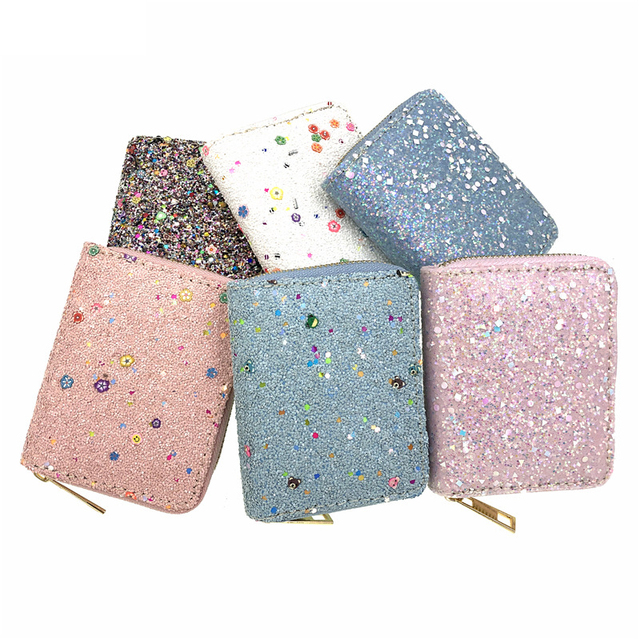 2021 New Fashion Sequined Ladies Short Wallet Shiny Zipper Coin Purse Bling Bling Mini Clutch for Women Custom Pattern