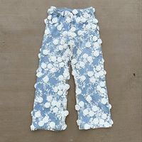 YSJY Fabricant OEM Jeans évasés personnalisés Pantalons en denim briques pressées lavées avec décoration florale Streetwear Style Hip Hop