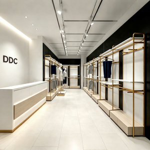 Luxury Gold Wall-Mounted <b>Clothing</b> Rack with <b>Shelves</b> LED Lighting & Adjustable Height- Wood & Metal Retail Display - Product Image 1