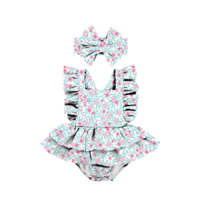 Vêtements pour bébé fille pas chers, barboteuse à volants et bretelles pour nouveau-né, barboteuse à petites fleurs bleues, vente en gros, vêtements d'été - Product Image 4
