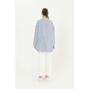 Puane Women's Lightweight Striped <b>Linen</b> Jacket for Spring Summer - Casual Indigo Outerwear for Cool Evenings - Product Image 2