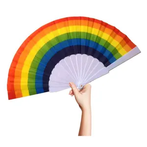 New Product Promotional Wholesale 23cm White Ribs Customized Rainbow Polyester Fabric Gay Pride Folding Hand Held Fan